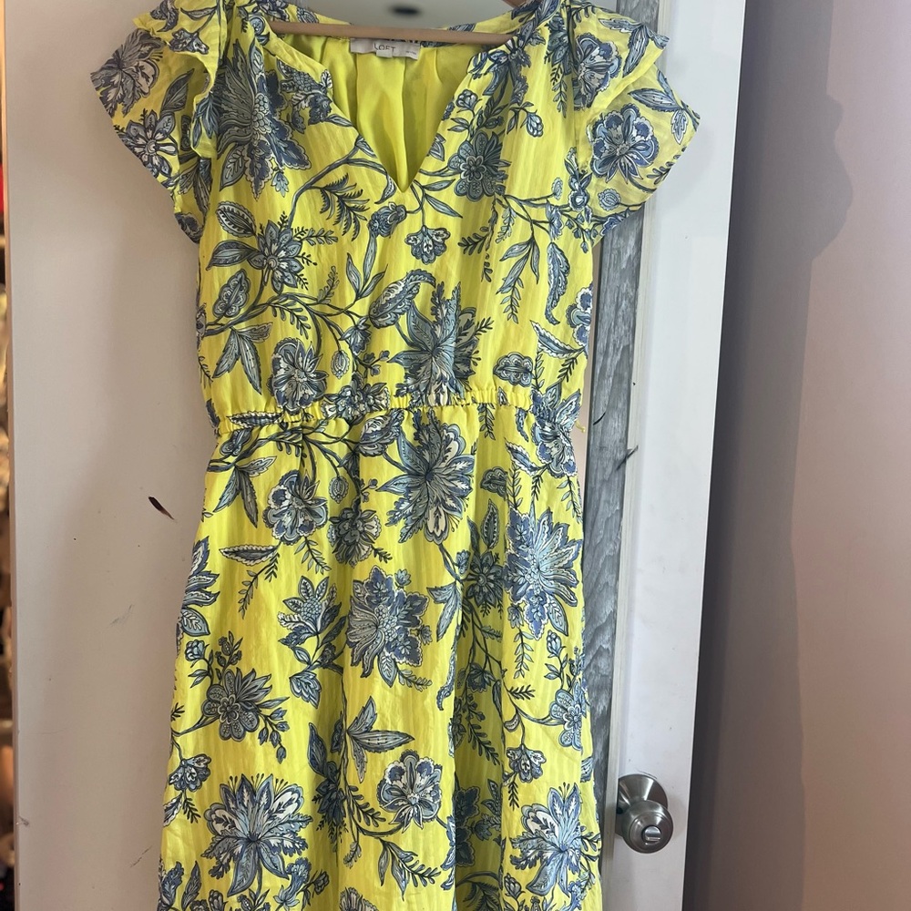 LOFT Yellow and Blue Ruffled Tiered Midi Sundress